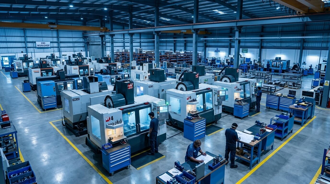 VMC machining workshop floor at OM Vijayavinayaka Industries Ferozguda Hyderabad